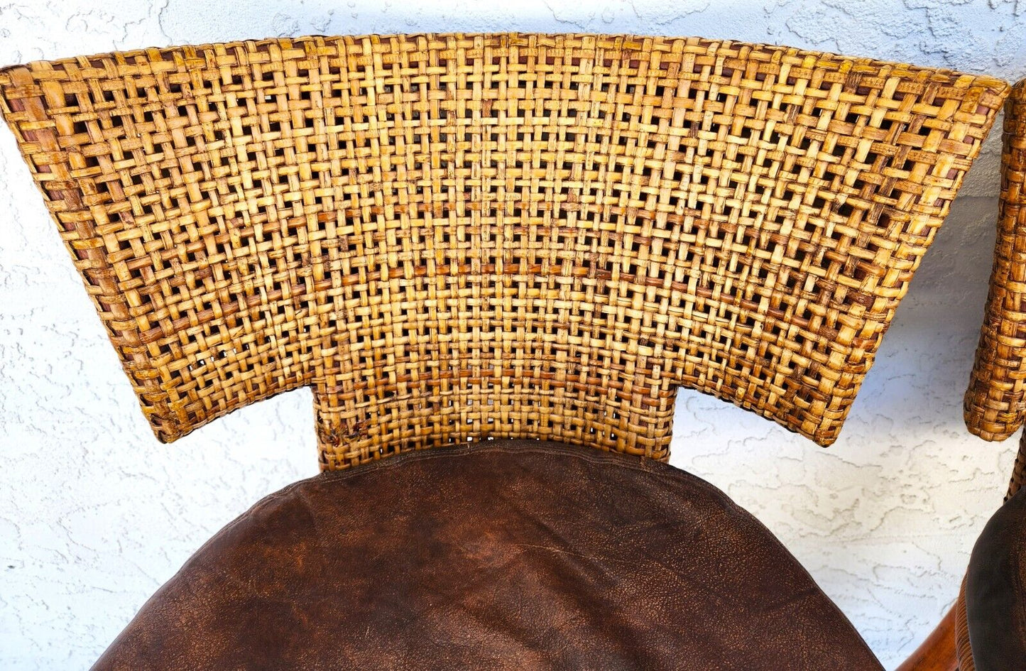 Vintage Bamboo Barstools Caned Backs Leather Rattan