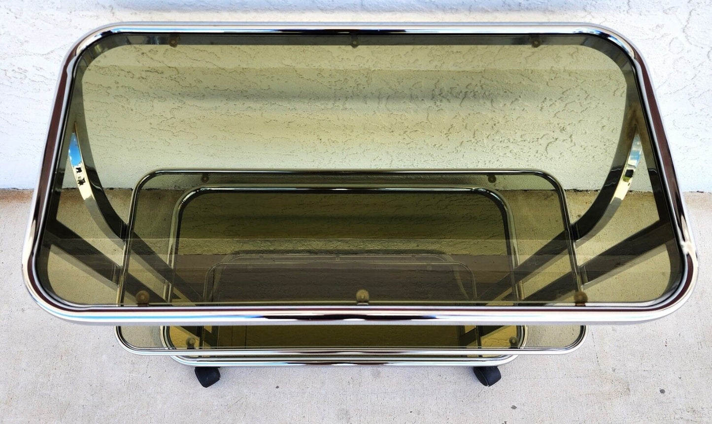 Vintage Chrome Bar Cart Smoked Glass & Mirror Rolling 1980s
