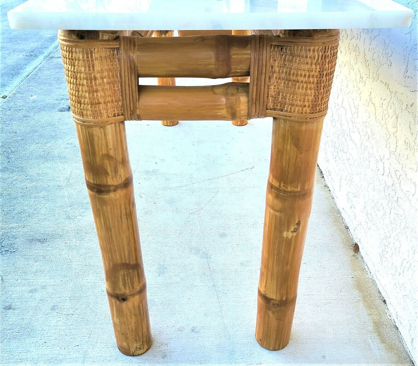 70's Elephant Bamboo Rattan Wicker Marble Top Console Sofa Entryway Table