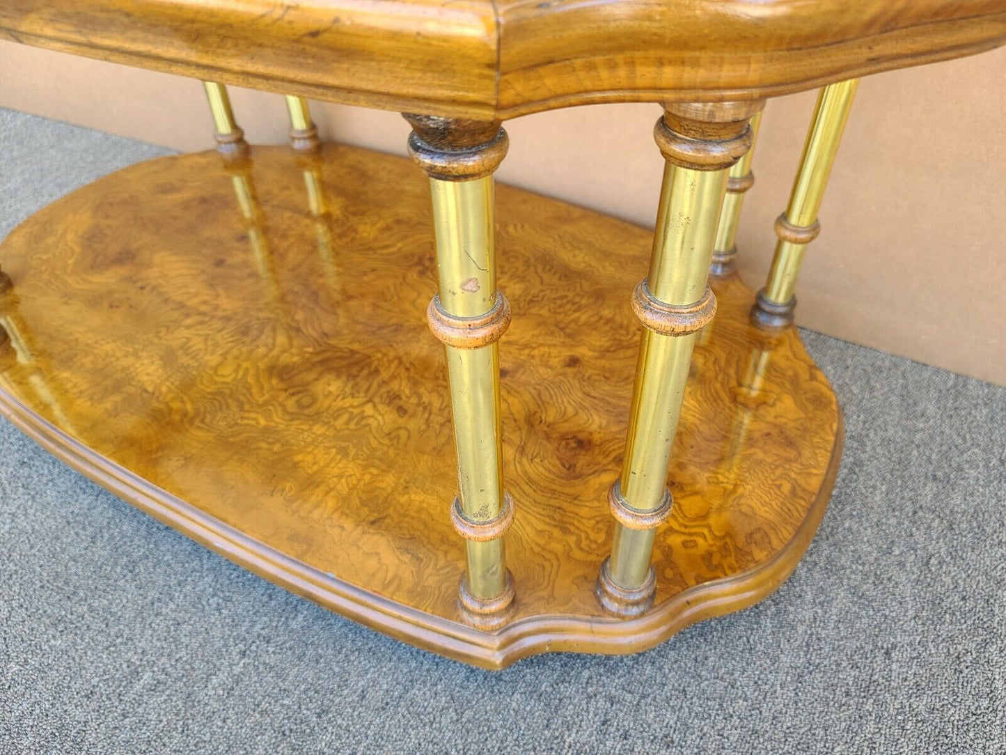 Vtg French DREXEL Et Cetera Rolling Burl Wood Glass Brass Coffee Cocktail Table