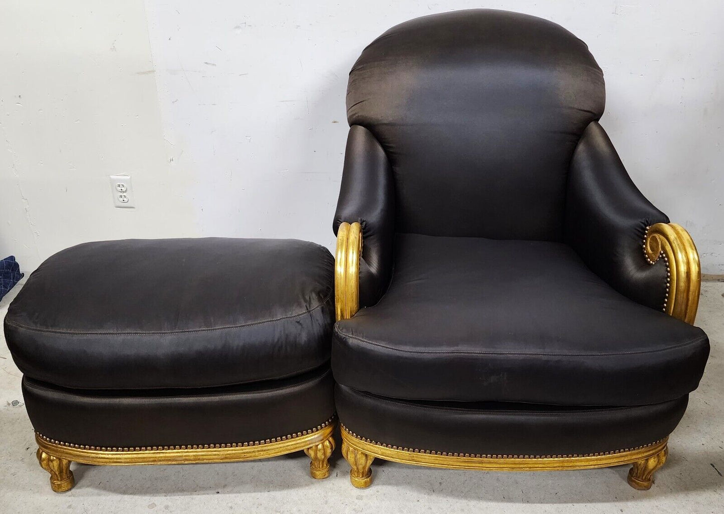Art Deco Gilt Finish Club Chair & Ottoman