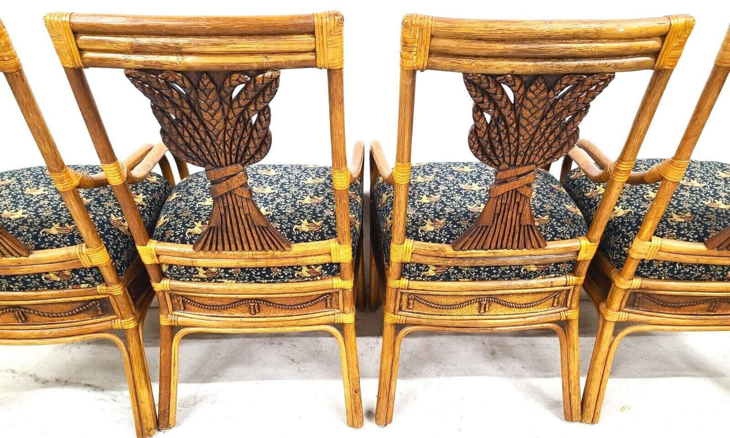 (4) Vintage Bamboo Bentwood Rattan Wheat Back Dining Armchairs
