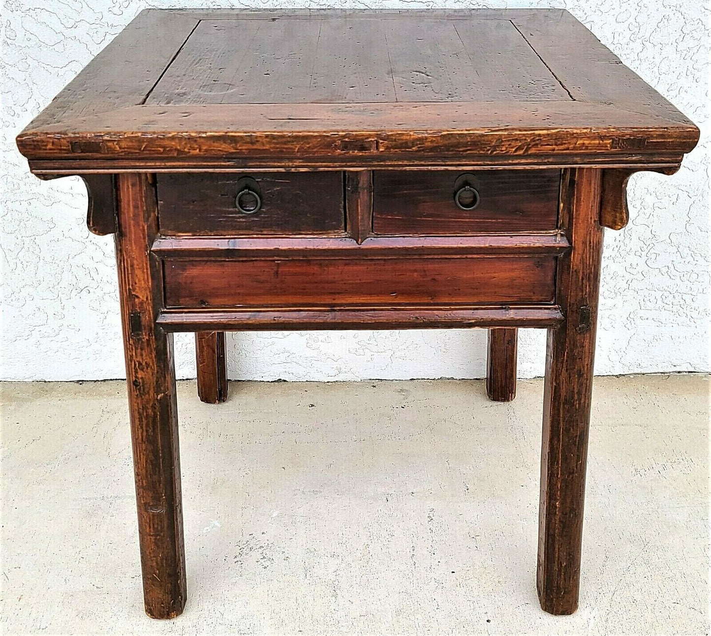 Antique Solid Wood Asian Chinoiserie 2 Drawer Side Occasional Lamp Table