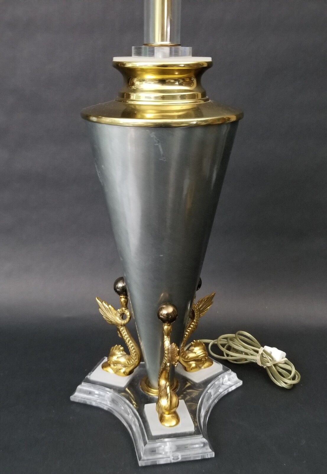 1990's Monumental Bauer Lamp Co Brass Acrylic Lucite Metal Table Lamp 33"