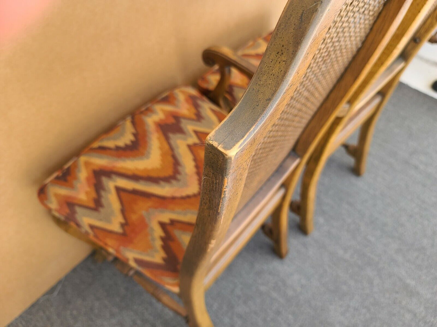 Vintage French Country Caned Back Flamestitch Fabric Dining Chairs - Set of 6