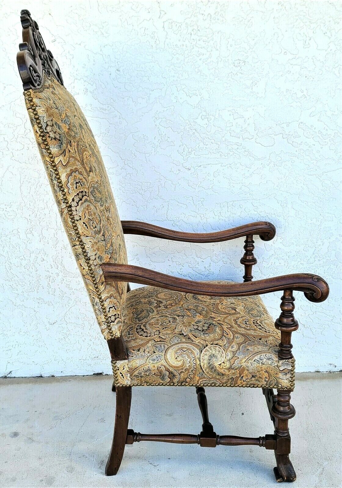 Antique Italian Renaissance Revival Style Carved Walnut Throne Chair Circa 1900