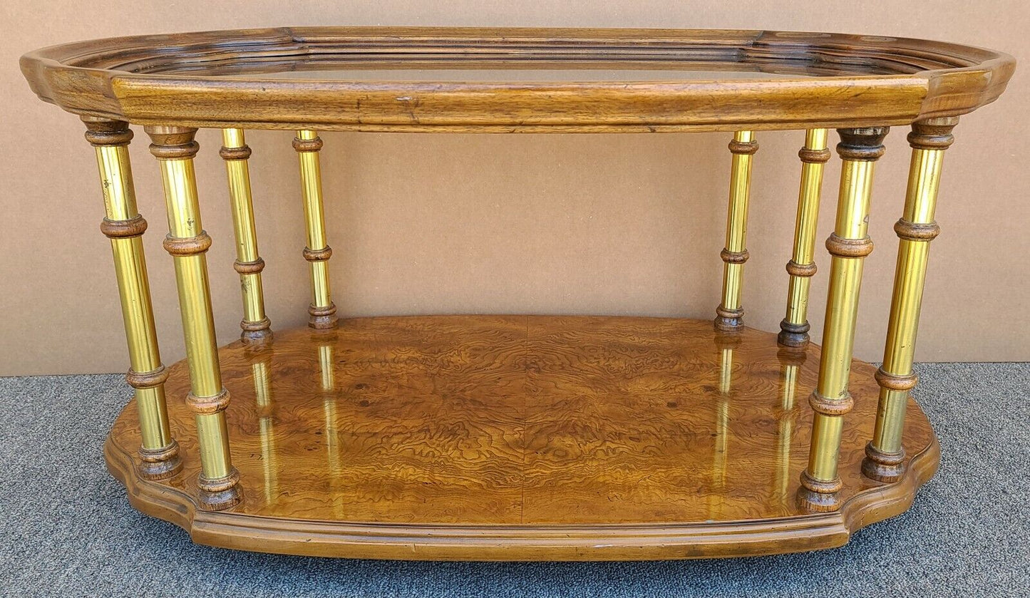 Vtg French DREXEL Et Cetera Rolling Burl Wood Glass Brass Coffee Cocktail Table