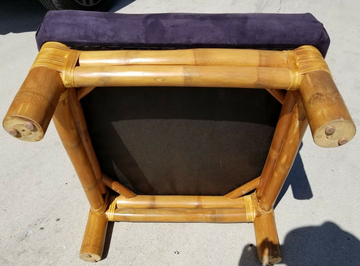 Bamboo Ottoman Pouf Rattan Velvet Blue