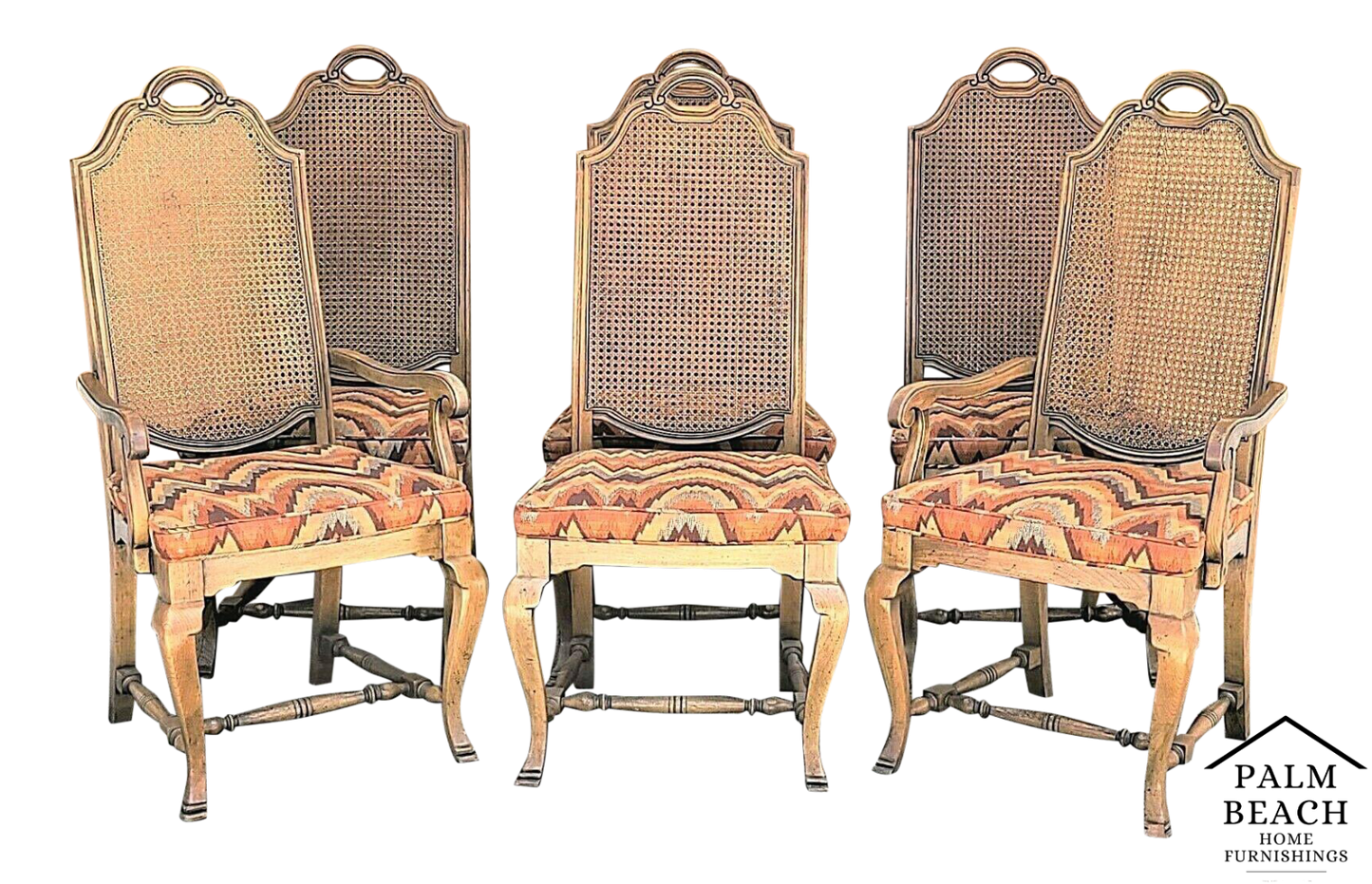 Vintage French Country Caned Back Flamestitch Fabric Dining Chairs - Set of 6