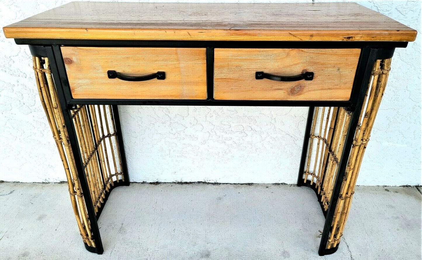 MCM Bamboo Rattan Wood and Wrought Iron 2 Drawer Console Sofa Table