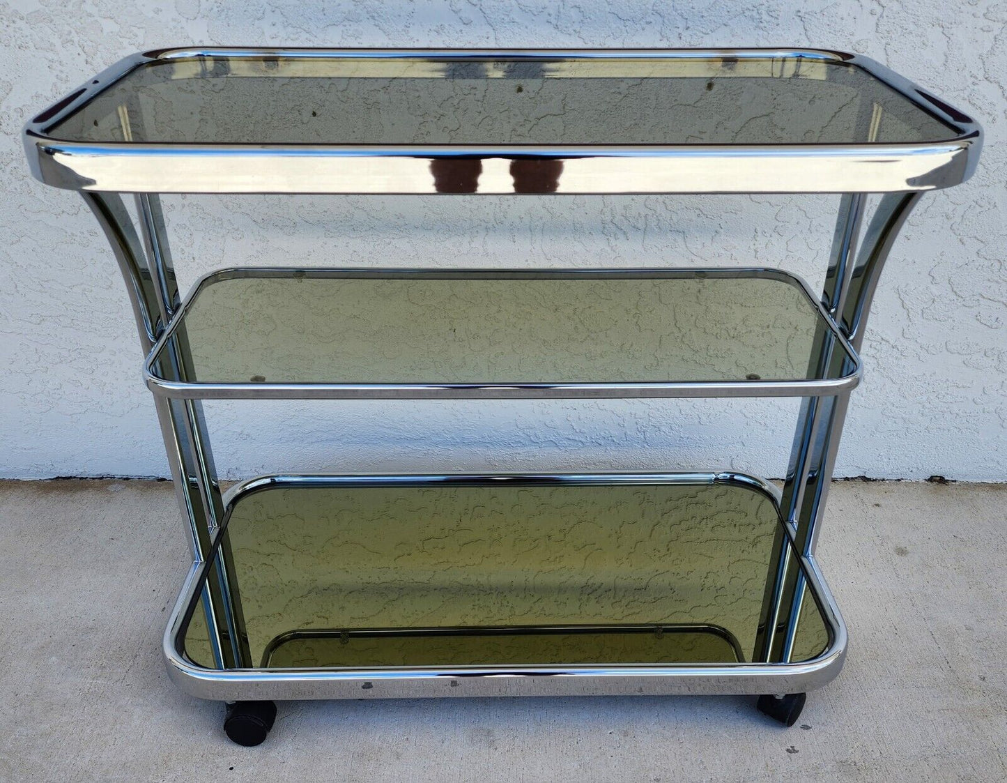 Vintage Chrome Bar Cart Smoked Glass & Mirror Rolling 1980s