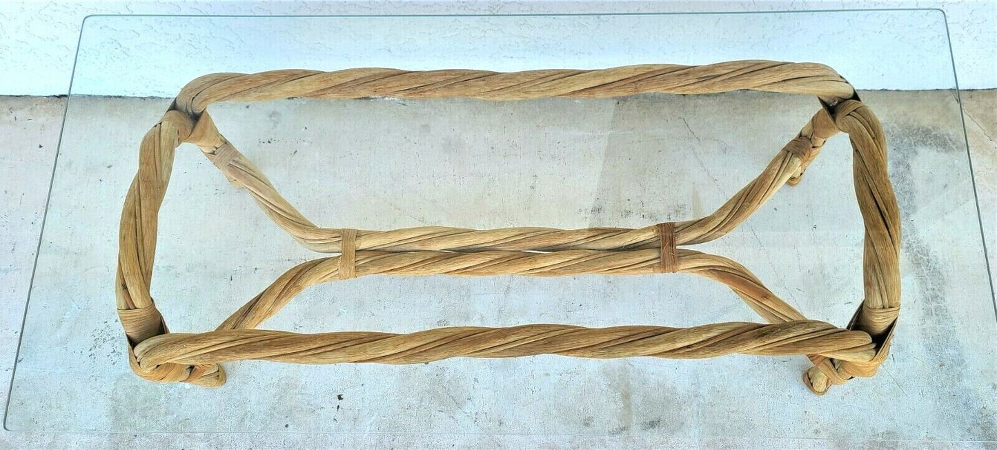 Organic Modern Coastal Twisted Braided Bentwood & Rattan Glass Top Coffee Table