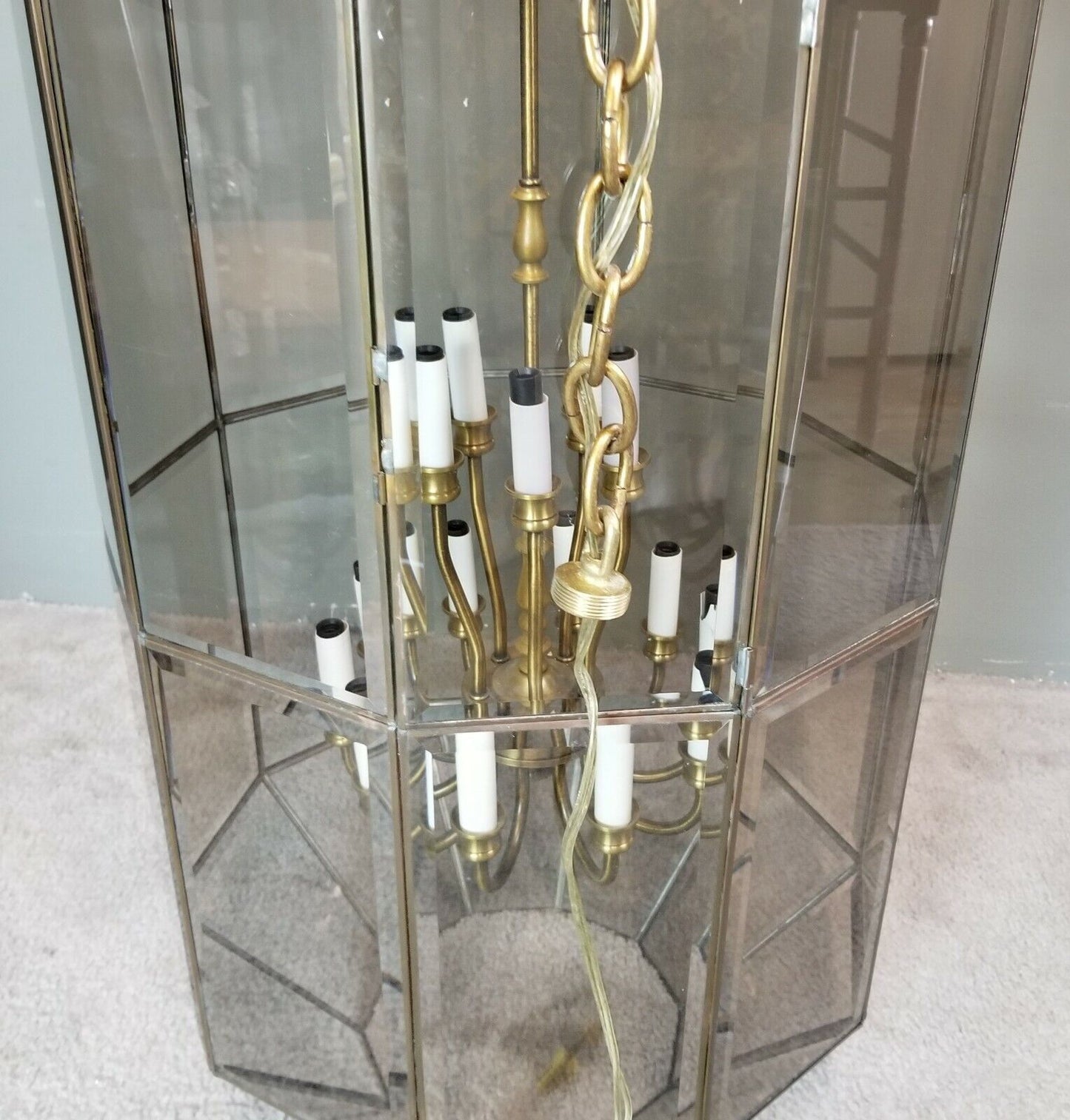 Glass & Brass Light Pendant Chandelier Beveled Leaded Clear