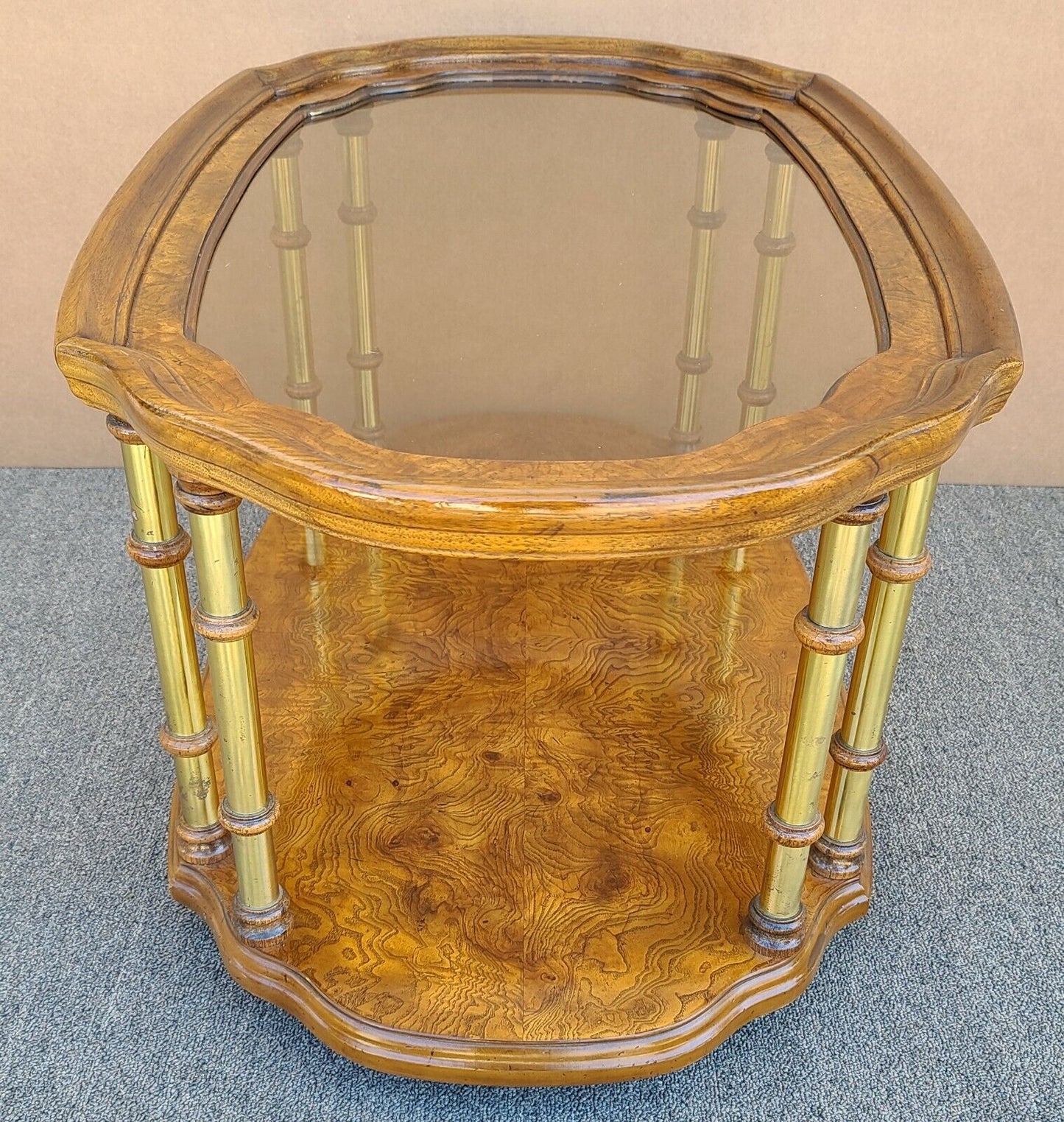 Vtg French DREXEL Et Cetera Rolling Burl Wood Glass Brass Coffee Cocktail Table