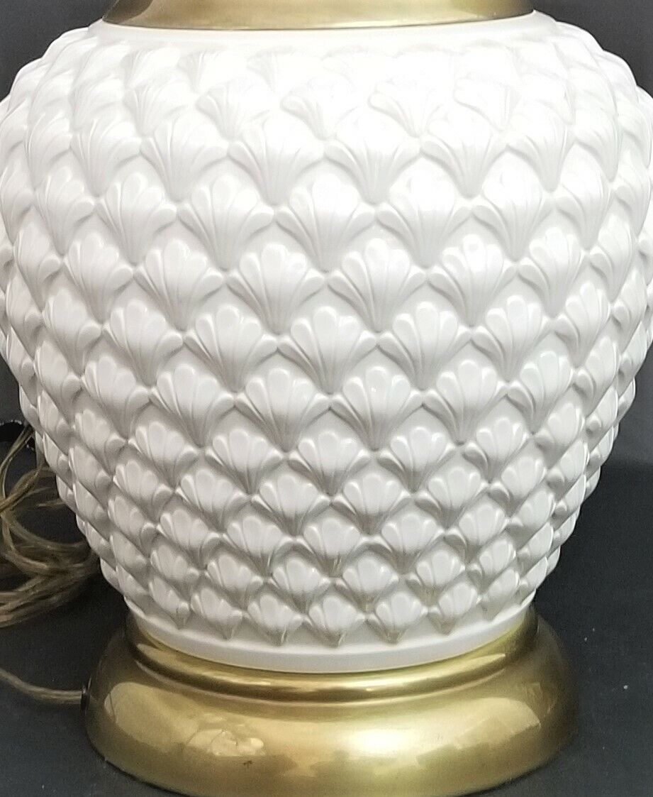 Coastal FREDERICK COOPER 1970's Embossed Sea Shell Ceramic + Brass Table Lamp