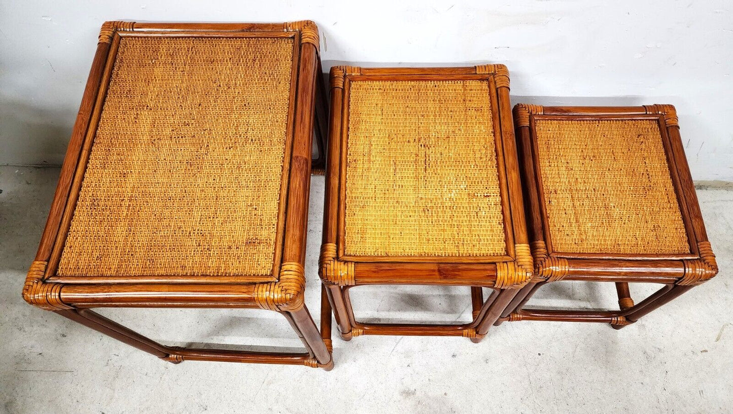 Bamboo Nesting Tables Rattan Wicker Set of 3