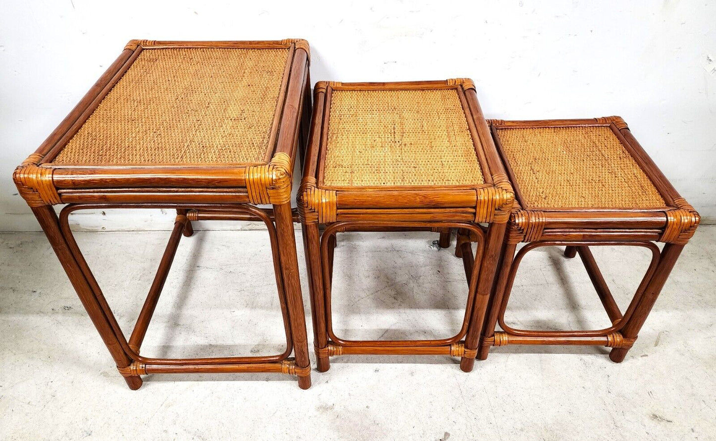Bamboo Nesting Tables Rattan Wicker Set of 3