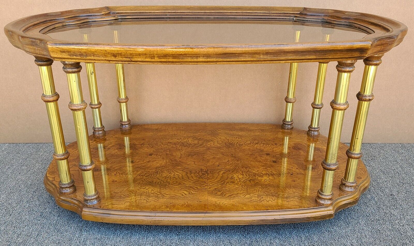 Vtg French DREXEL Et Cetera Rolling Burl Wood Glass Brass Coffee Cocktail Table