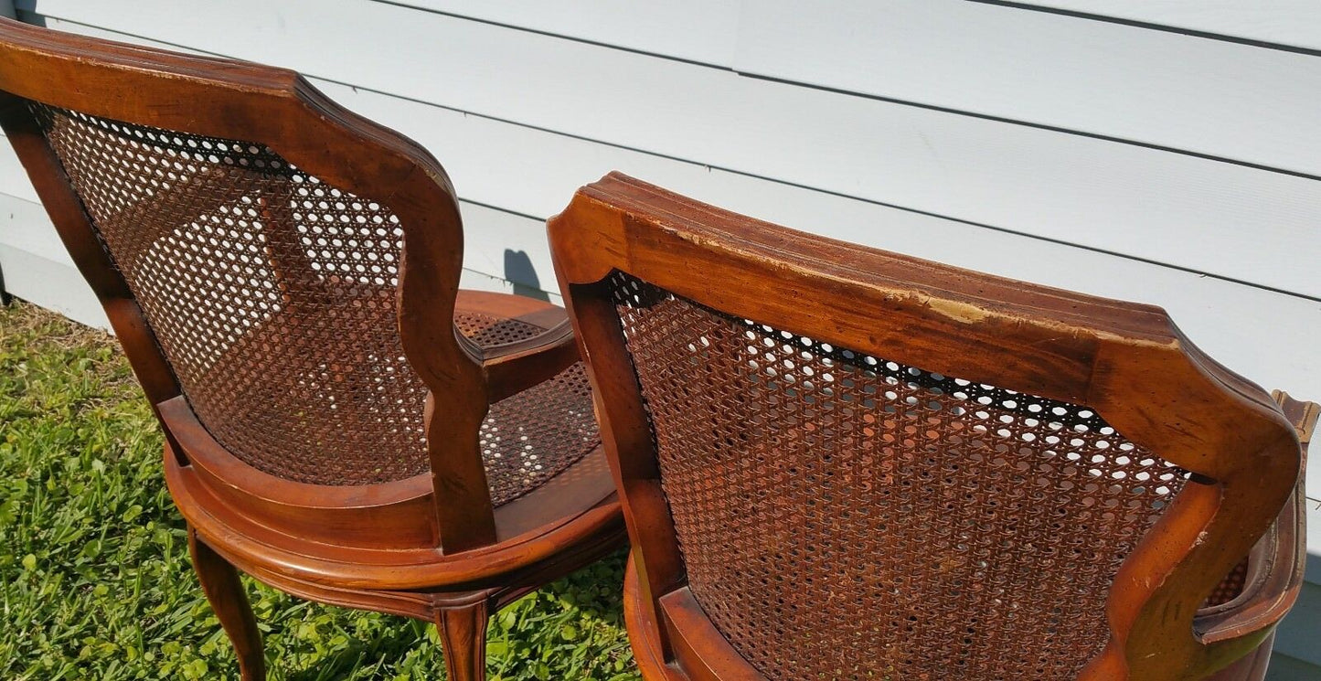Pair of Vintage Louis XV French Provincial Country Cane Back & Seat Armchairs