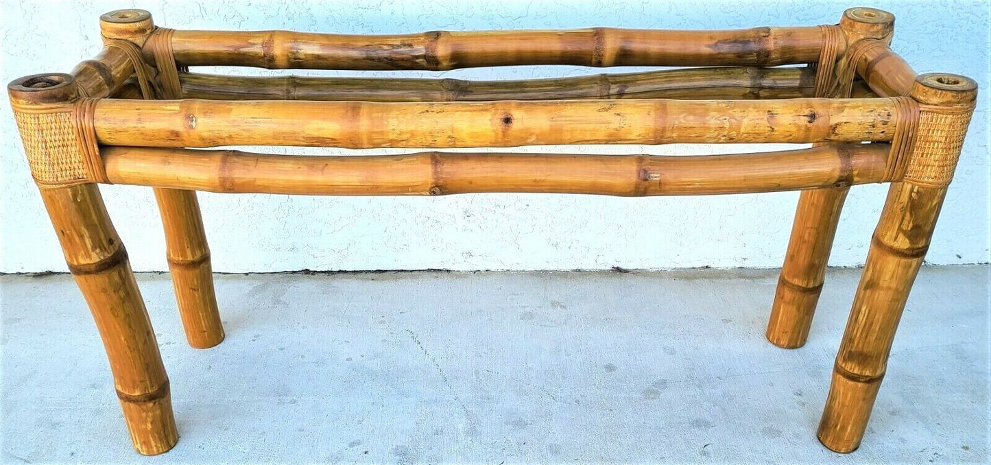 70's Elephant Bamboo Rattan Wicker Marble Top Console Sofa Entryway Table
