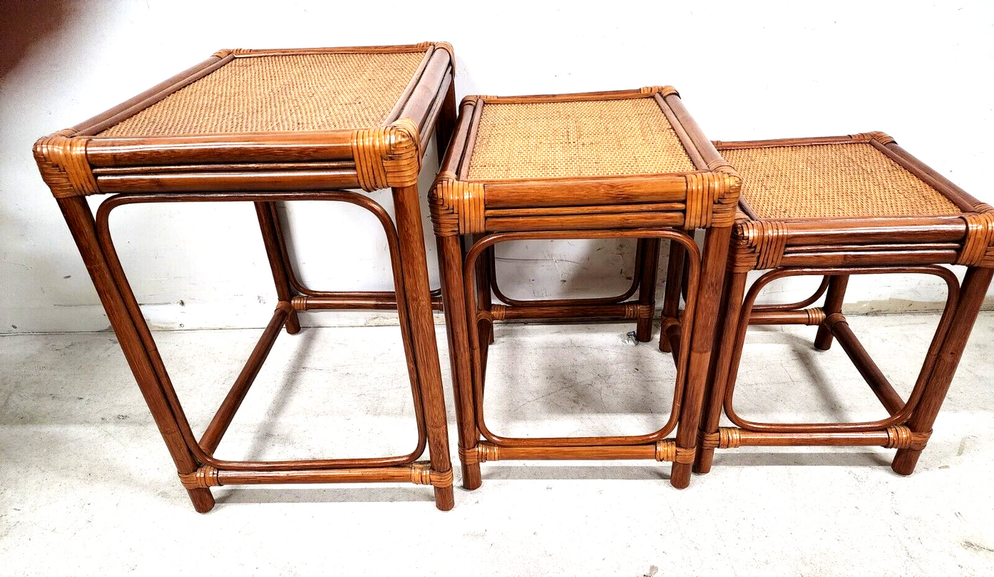 Bamboo Nesting Tables Rattan Wicker Set of 3