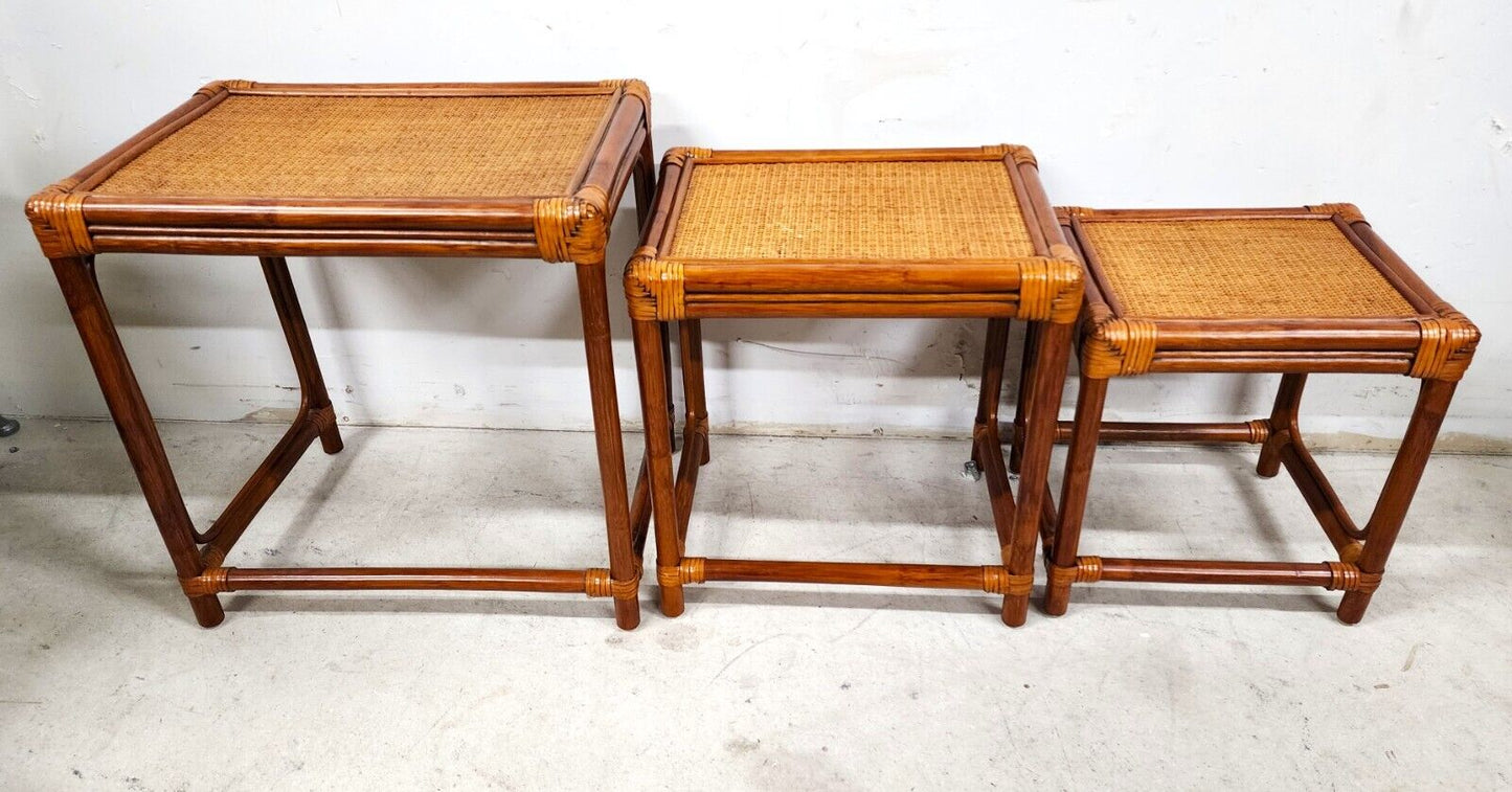 Bamboo Nesting Tables Rattan Wicker Set of 3
