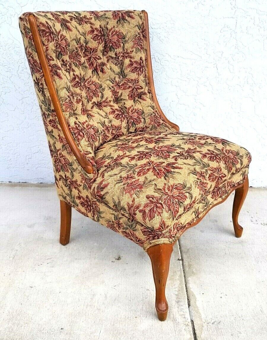 Vintage French Cabriole Tufted Slipper Chair w Tapestry Style Floral Upholstery