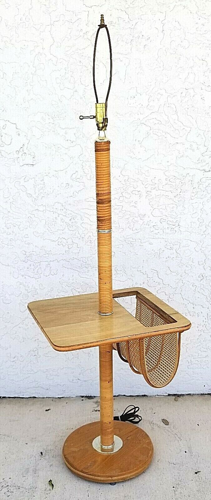 Vintage Bamboo Rattan Tiki Boho Chic Magazine Holder Floor Lamp End Side Table