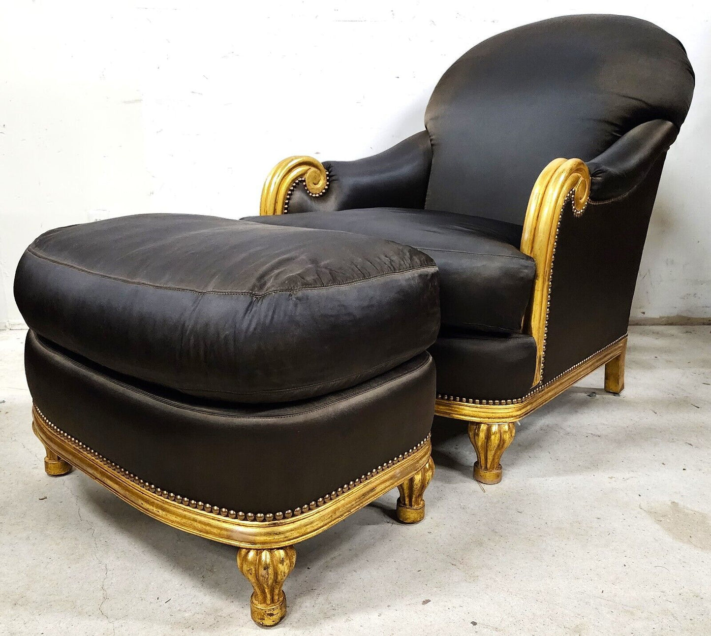 Art Deco Gilt Finish Club Chair & Ottoman
