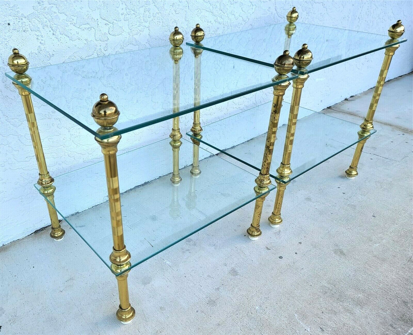 Vintage Pair of 2 Tier Brass & Glass Side End Tables Nightstands