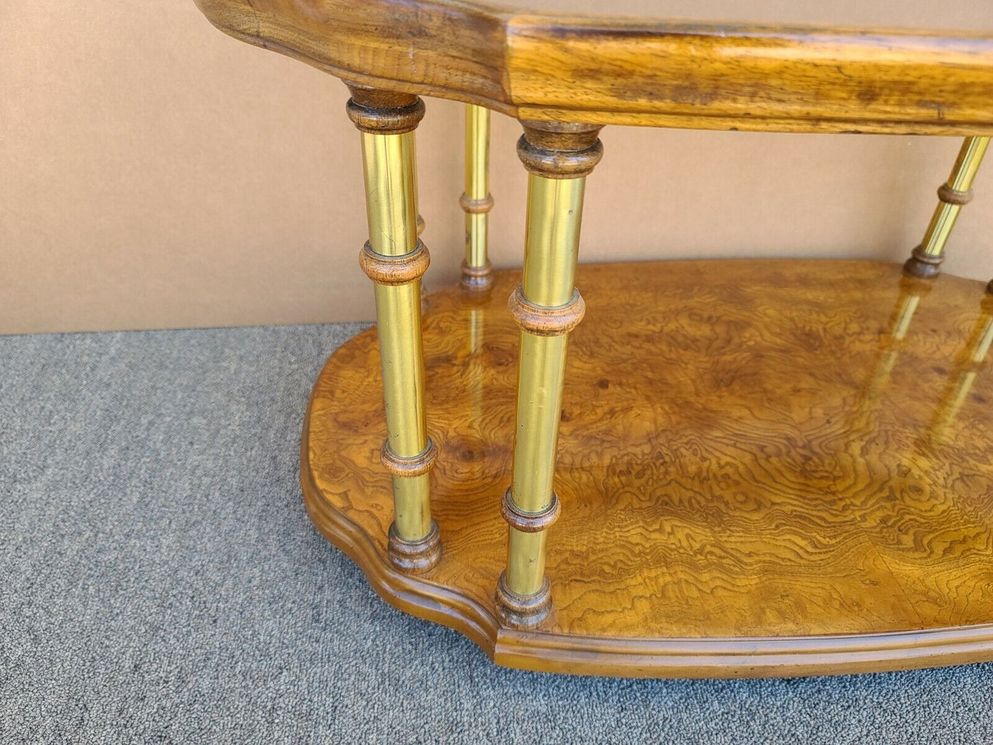 Vtg French DREXEL Et Cetera Rolling Burl Wood Glass Brass Coffee Cocktail Table
