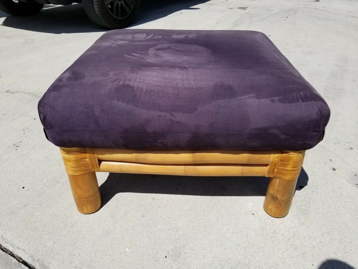 Bamboo Ottoman Pouf Rattan Velvet Blue