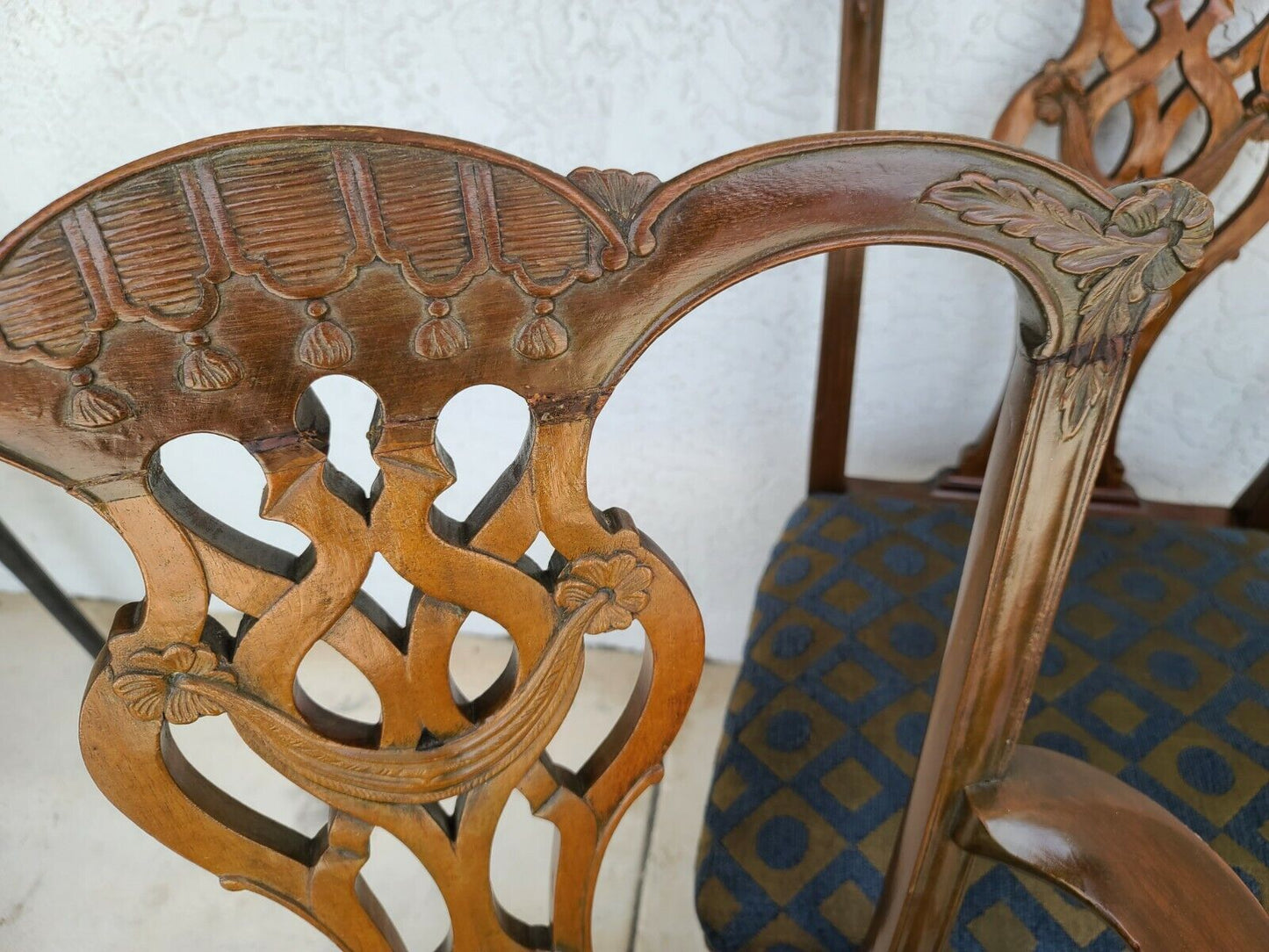 Vintage Chippendale Mahogany Dining Chairs w Carved Tassels & Drapery - Set of 6