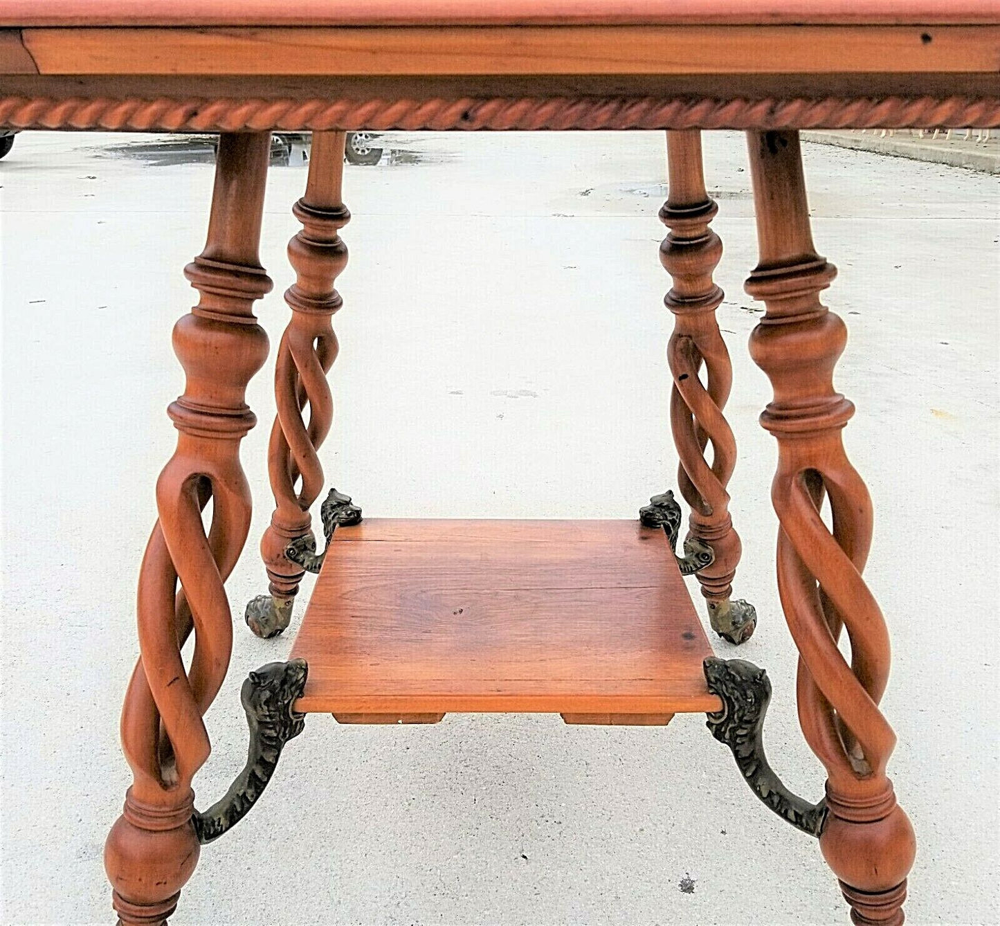 Antique Asian Chinoiserie Wood & Brass Dragons Claw & Ball Lamp Accent Table 29"