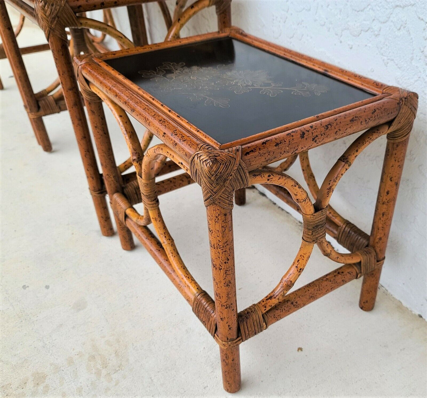 (3) Vintage Tiger Bamboo Rattan Nesting Tables