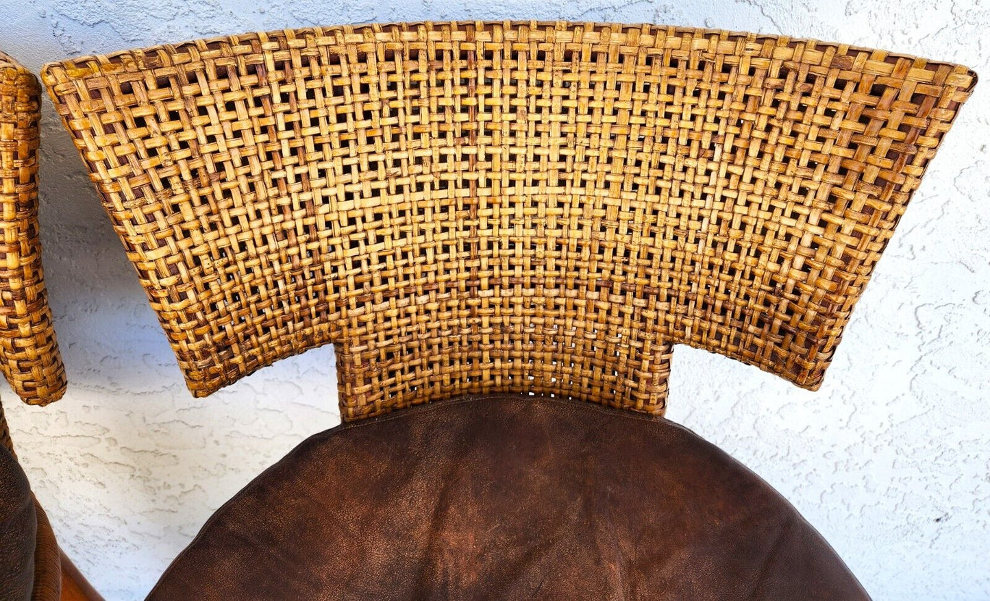 Vintage Bamboo Barstools Caned Backs Leather Rattan