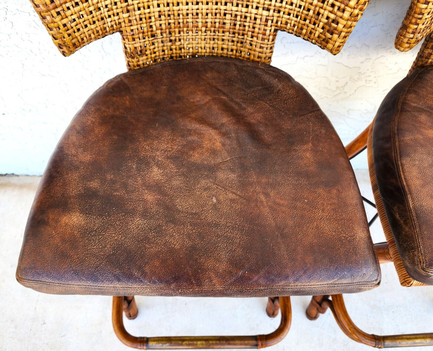 Vintage Bamboo Barstools Caned Backs Leather Rattan