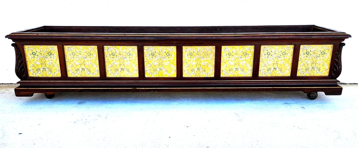 Antique English Tile Mahogany Planter Rolling 1930's