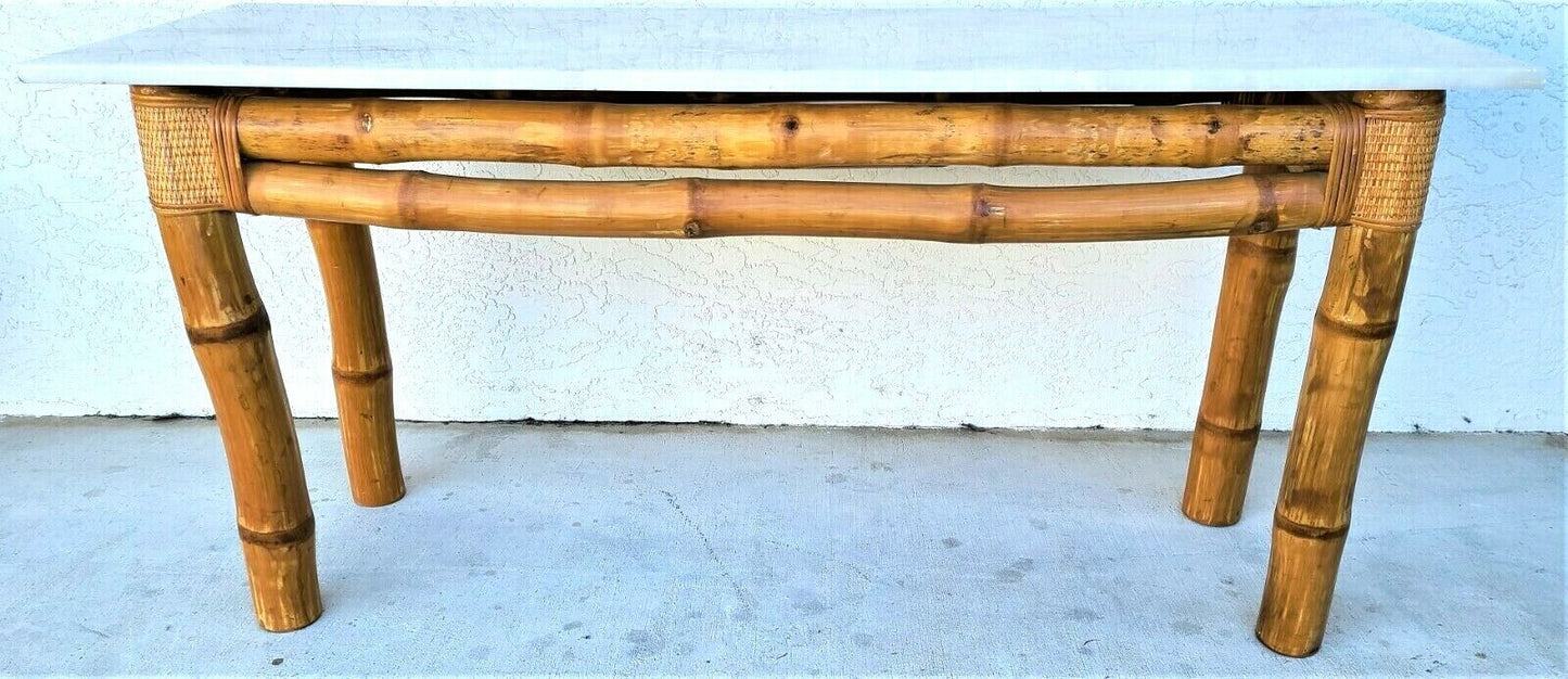 70's Elephant Bamboo Rattan Wicker Marble Top Console Sofa Entryway Table