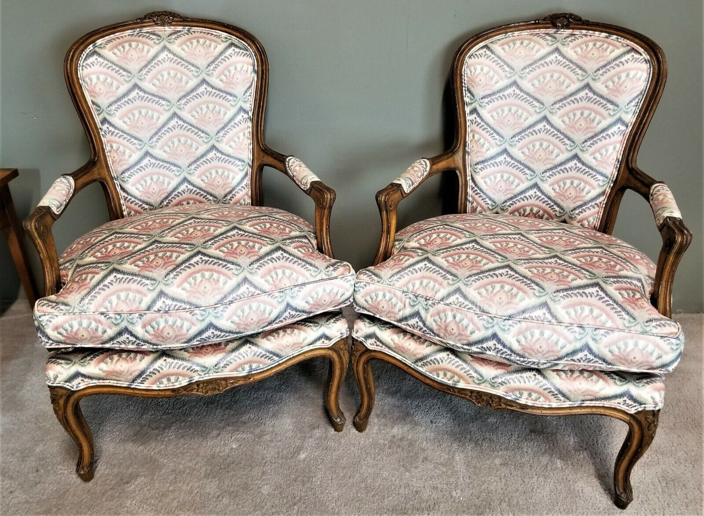 (2) Vintage French Provincial Louis XV Pearled White Carved Wood Armchairs