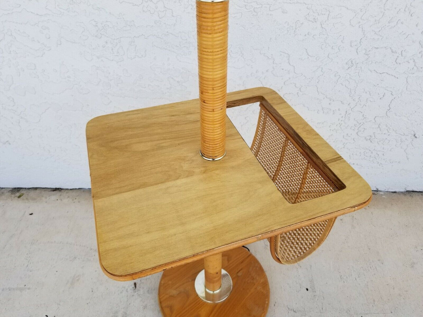 Vintage Bamboo Rattan Tiki Boho Chic Magazine Holder Floor Lamp End Side Table