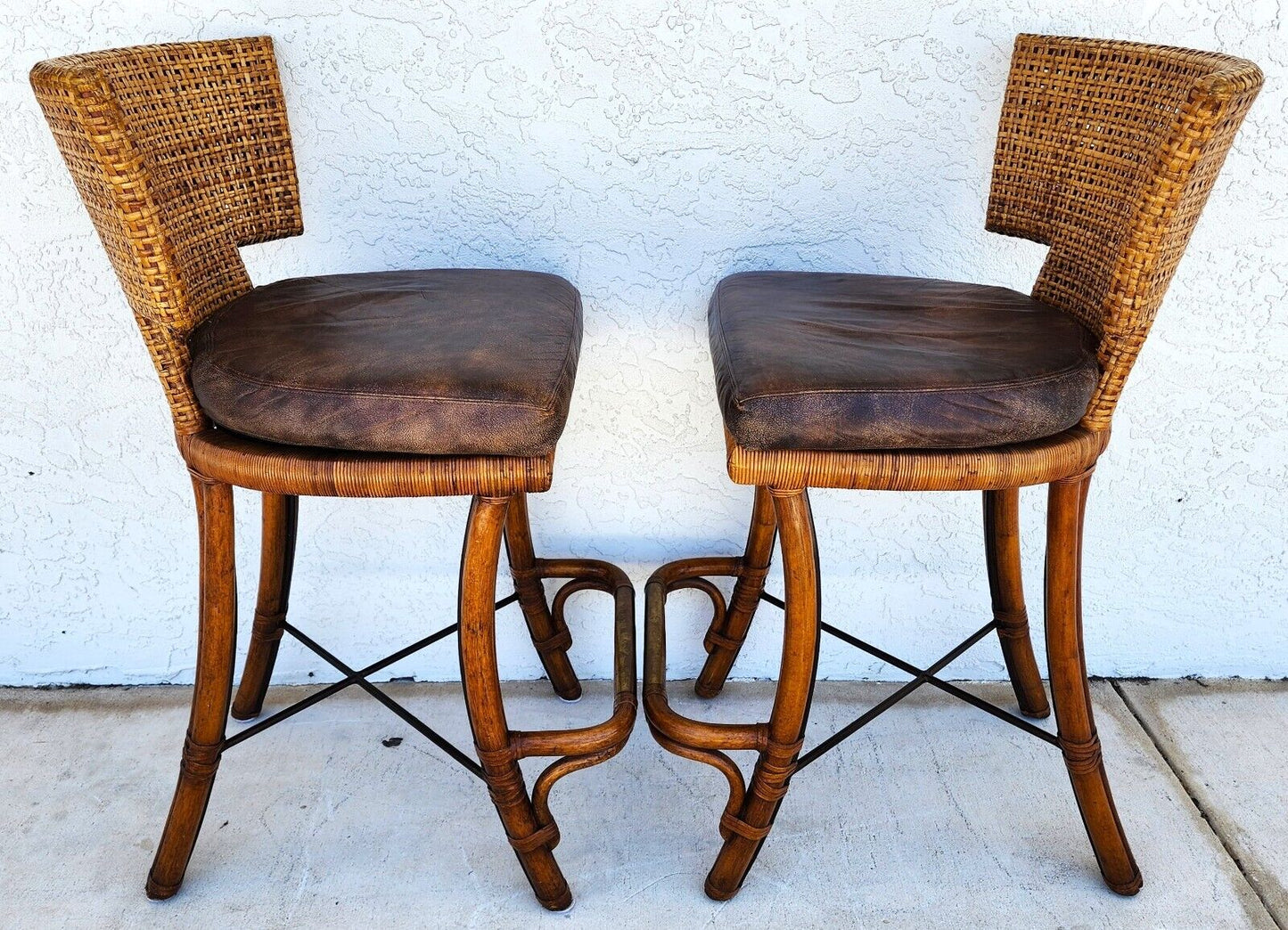 Vintage Bamboo Barstools Caned Backs Leather Rattan