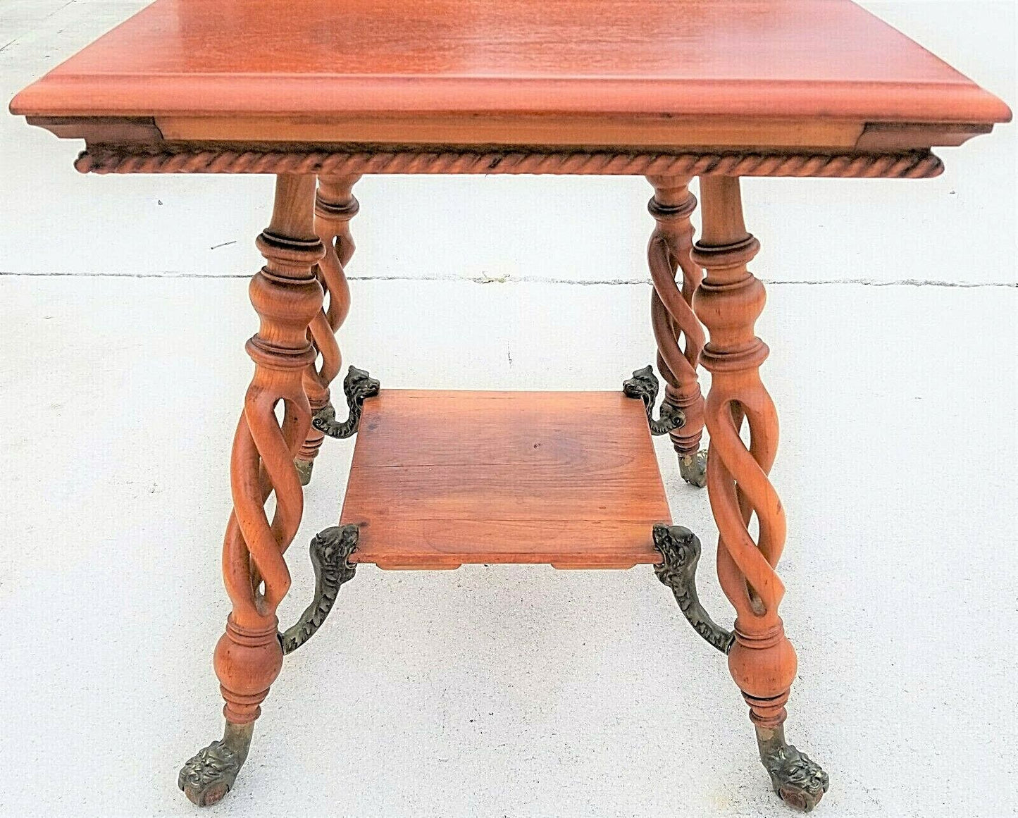 Antique Asian Chinoiserie Wood & Brass Dragons Claw & Ball Lamp Accent Table 29"