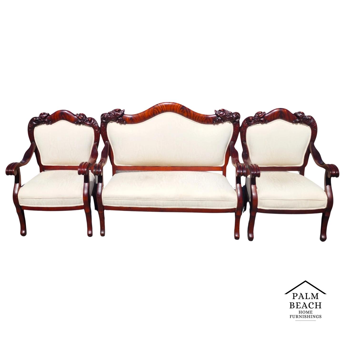 Antique Asian Rosewood Carved Foo Dogs Living Room Suite 3 Piece Sette 2 Chairs
