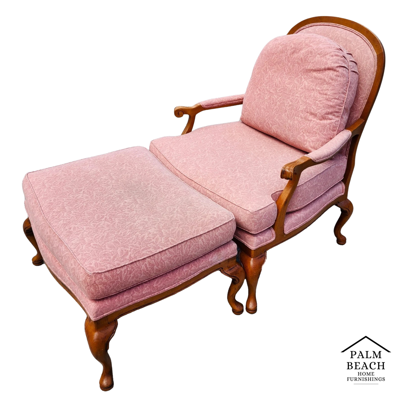 Thomasville French Provincial Louis XV Pink Damask Chair & Ottoman Set