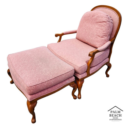 Thomasville French Provincial Louis XV Pink Damask Chair & Ottoman Set