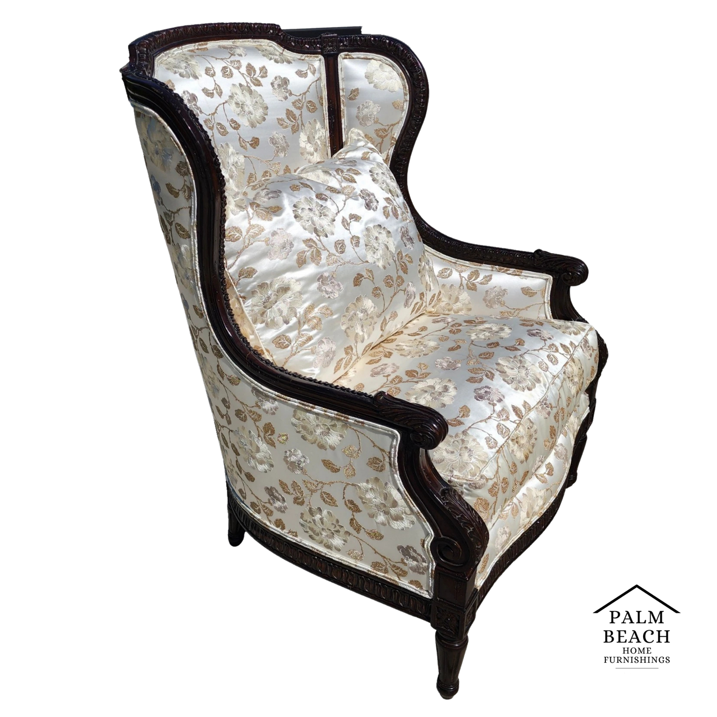 Marge Carson Wingback Chair Embroidered Silk with 7 Pillows
