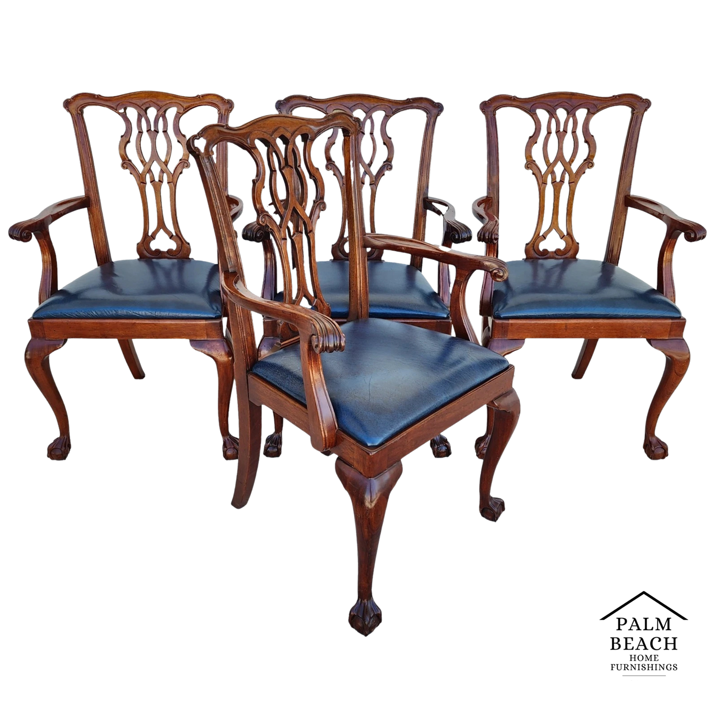Councill Chippendale Mahogany & Leather Dining Chairs Set of 4