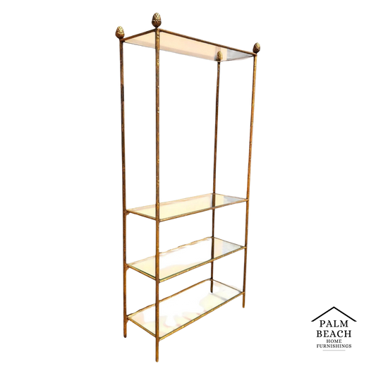 Gilt Iron & Glass Faux Bois Étagère Bookcase Shelf Mid Century