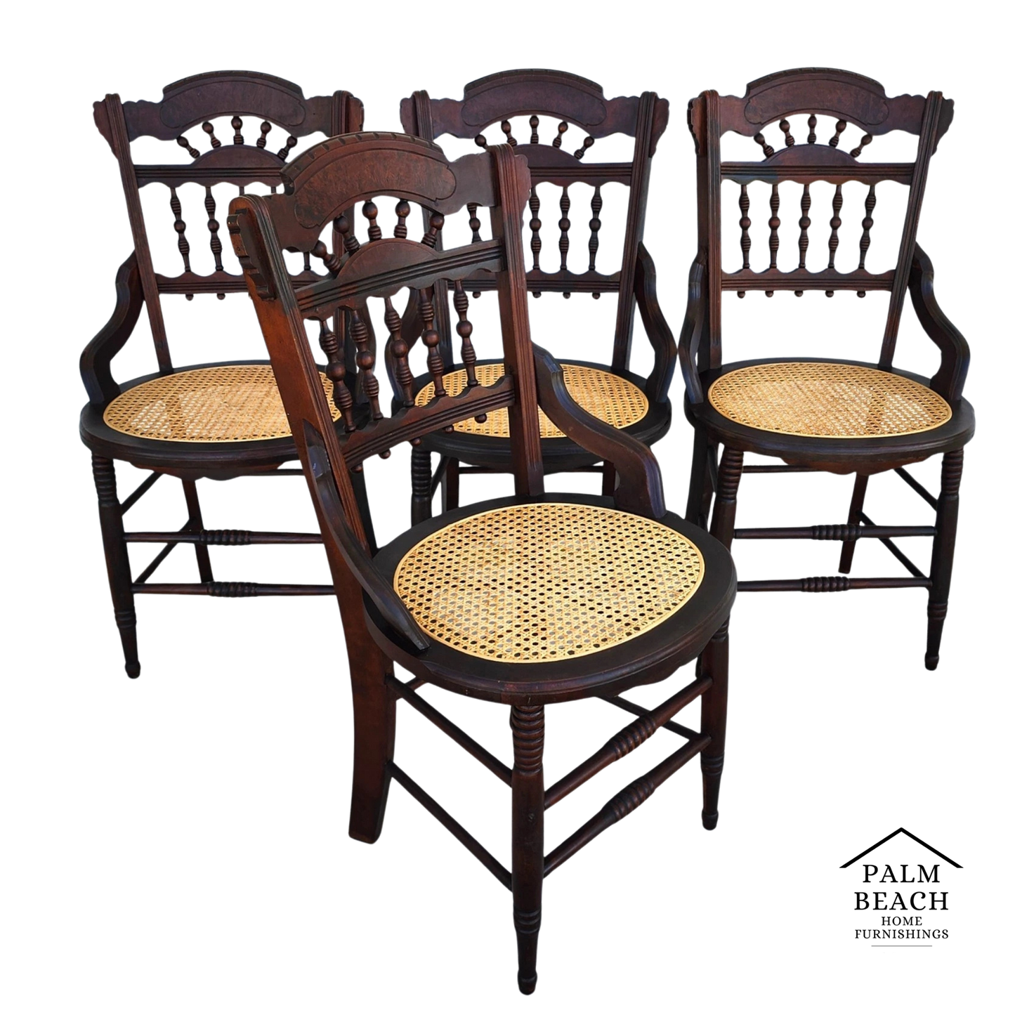 Antique Eastlake Victorian Style Walnut Cane Seat Side Dining Chairs Set of 4